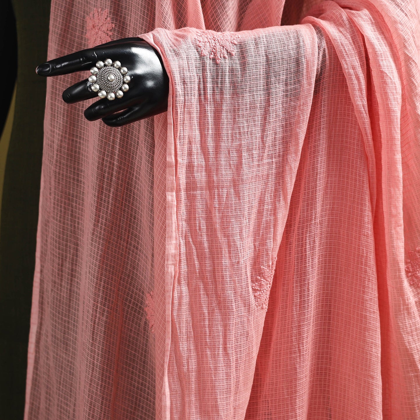 Peach - kota doria cotton hand embroidered lucknowi