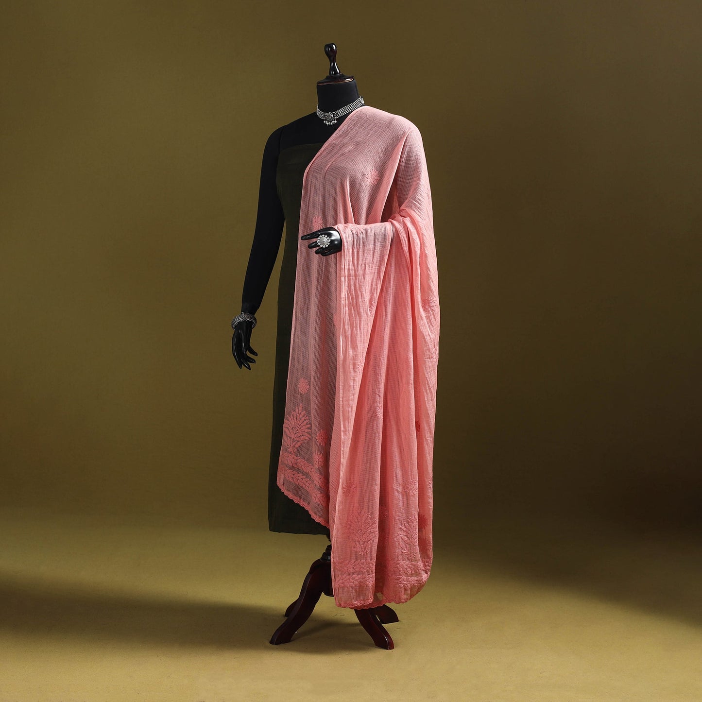 Peach - kota doria cotton hand embroidered lucknowi