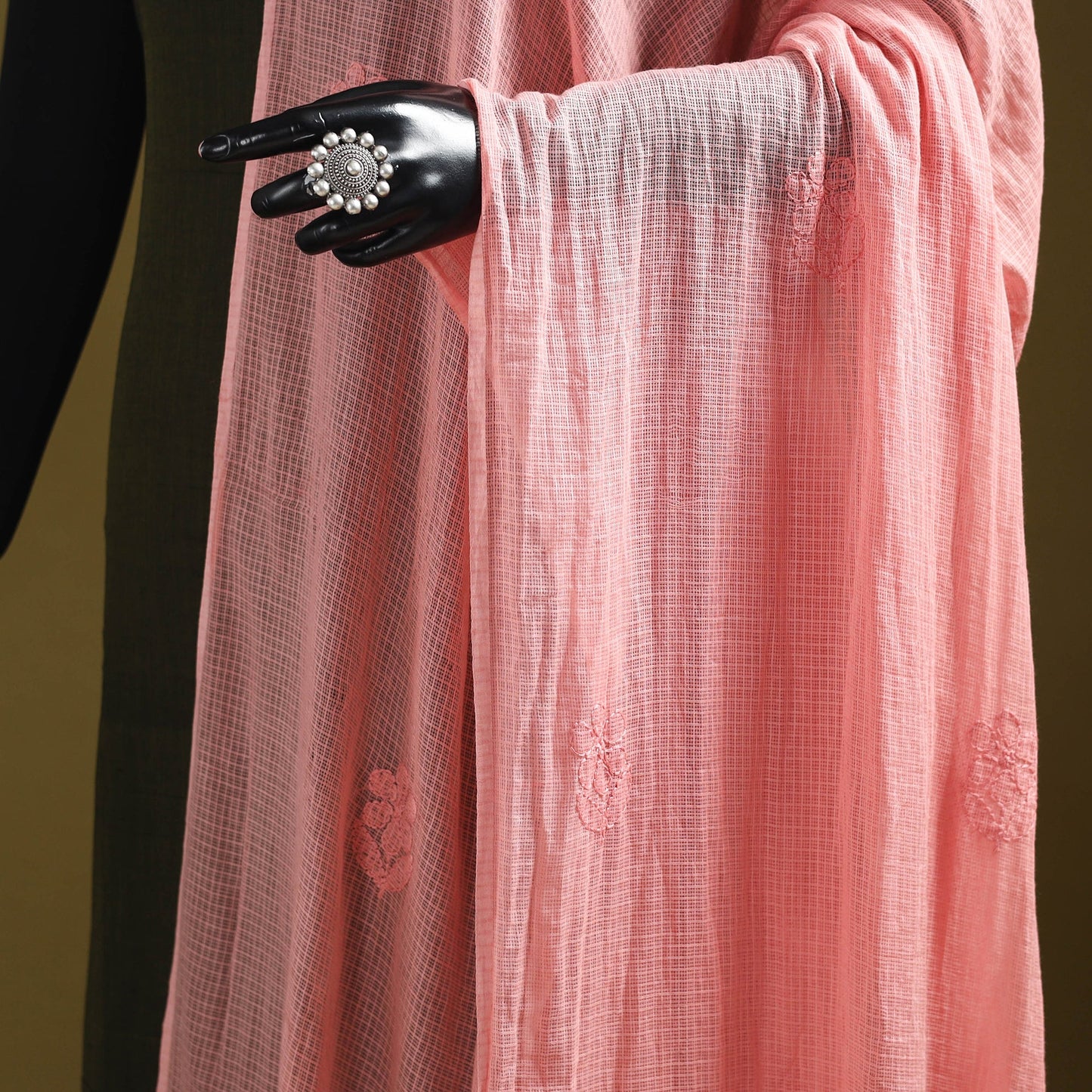 Peach - kota doria cotton hand embroidered lucknowi