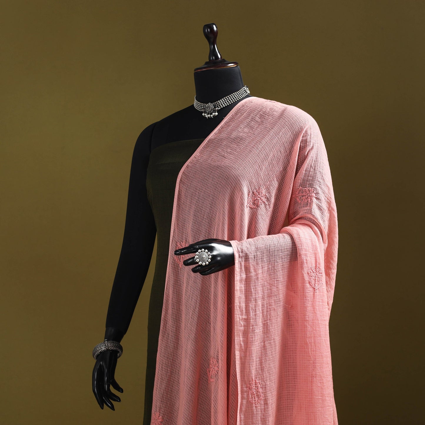 Peach - kota doria cotton hand embroidered lucknowi