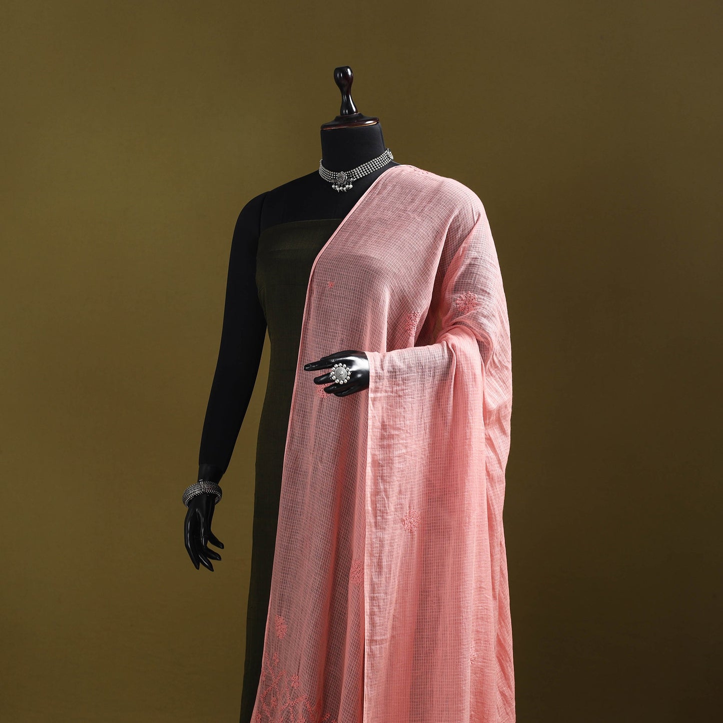 Peach - kota doria cotton hand embroidered lucknowi