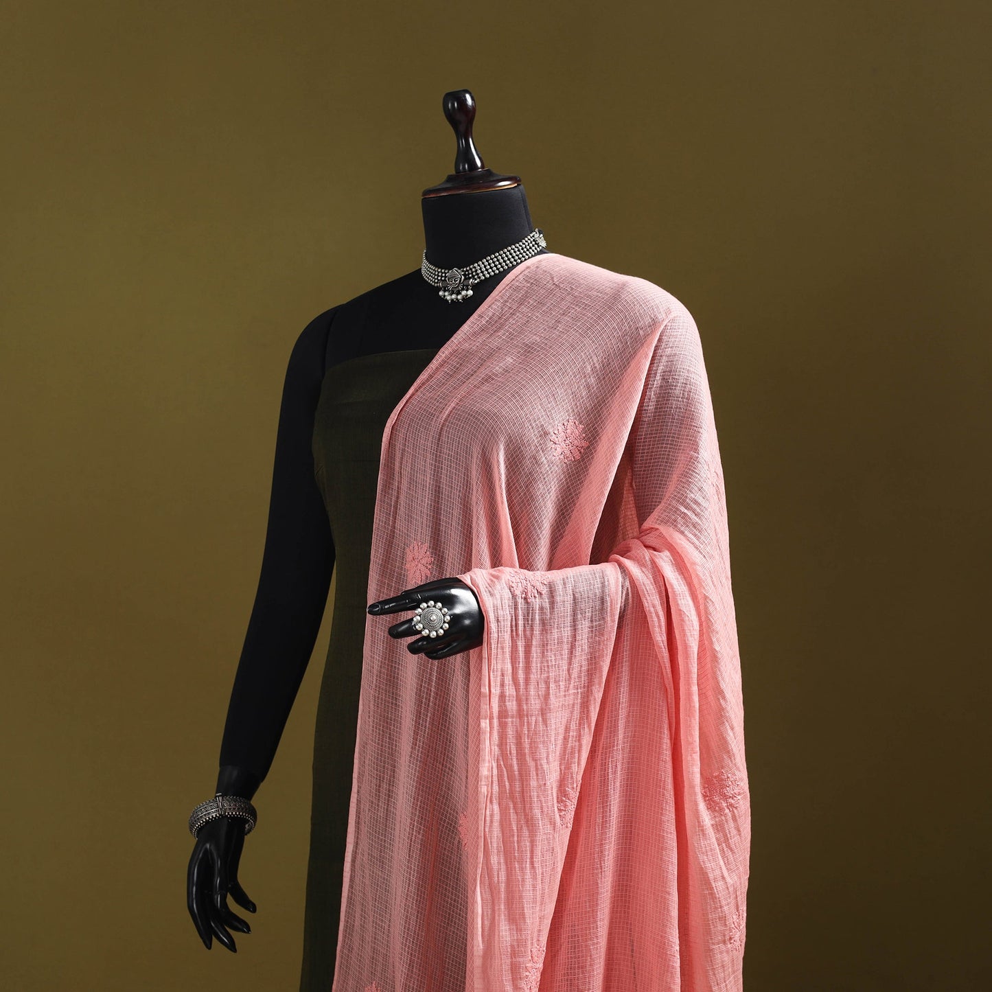 Peach - kota doria cotton hand embroidered lucknowi