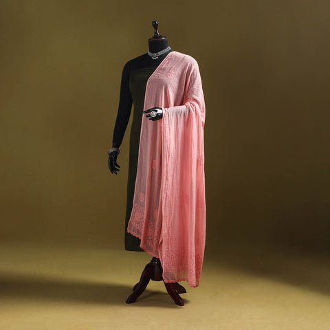 Peach - kota doria cotton hand embroidered lucknowi