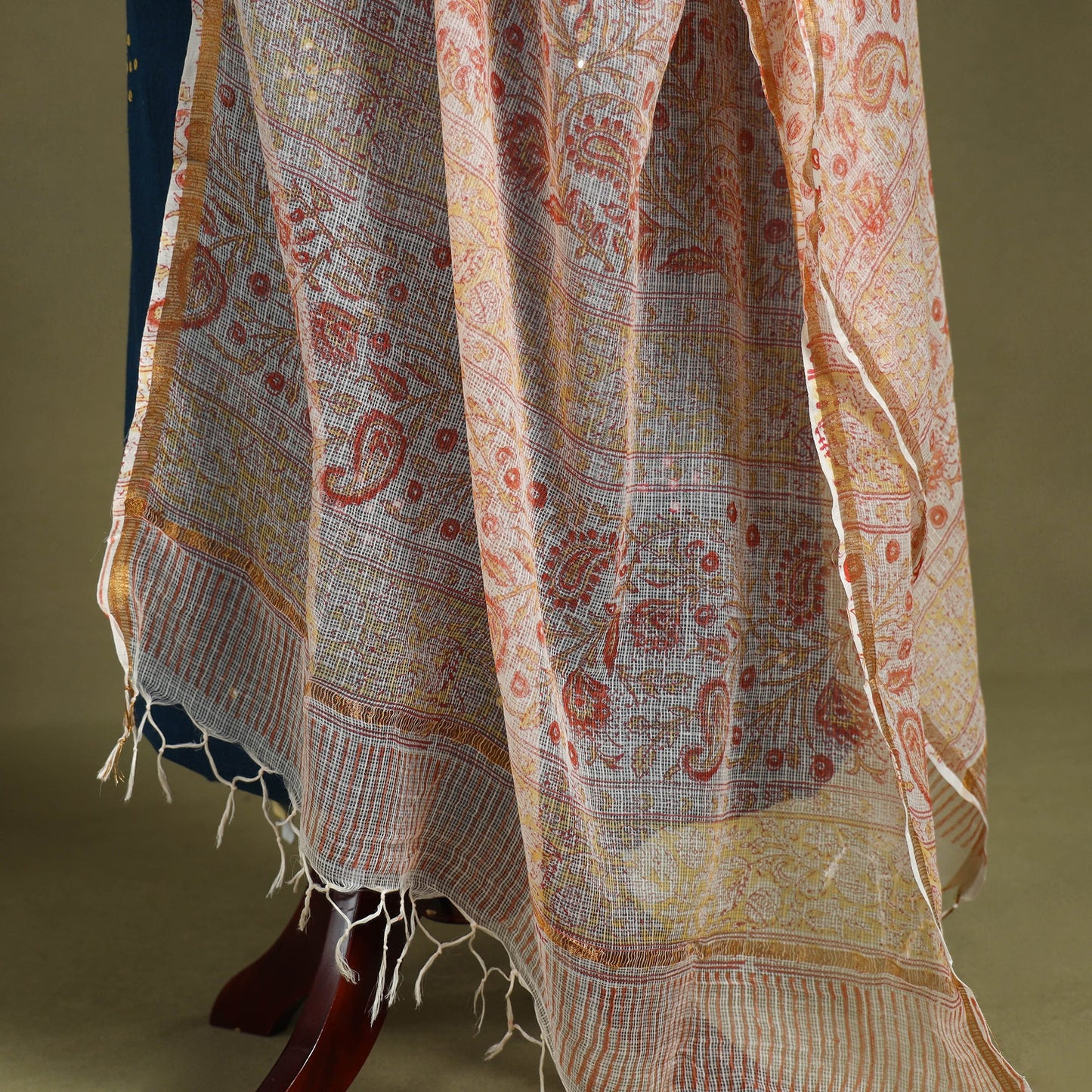 Peach Block Print Kota Doria Cotton Sanganeri Floral Dupatta 