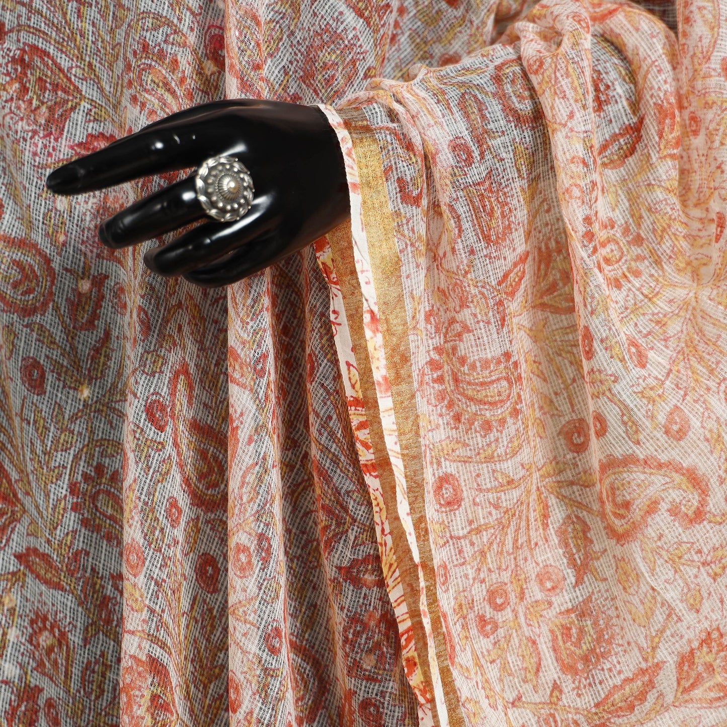 Peach Block Print Kota Doria Cotton Sanganeri Floral Dupatta 