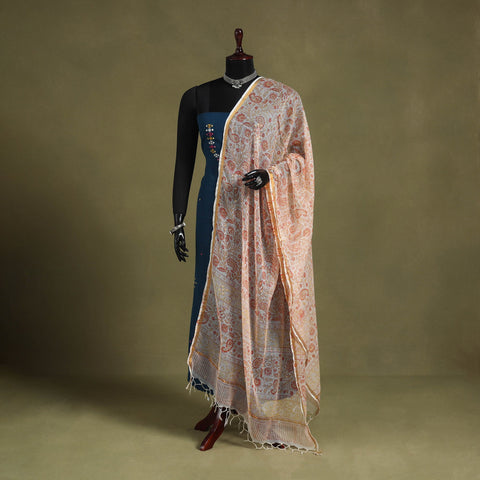 Peach Block Print Kota Doria Cotton Sanganeri Floral Dupatta 