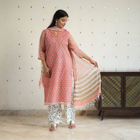 Peach Block Print Kota Doria Cotton Sanganeri Kurta Set (Set of 3) 