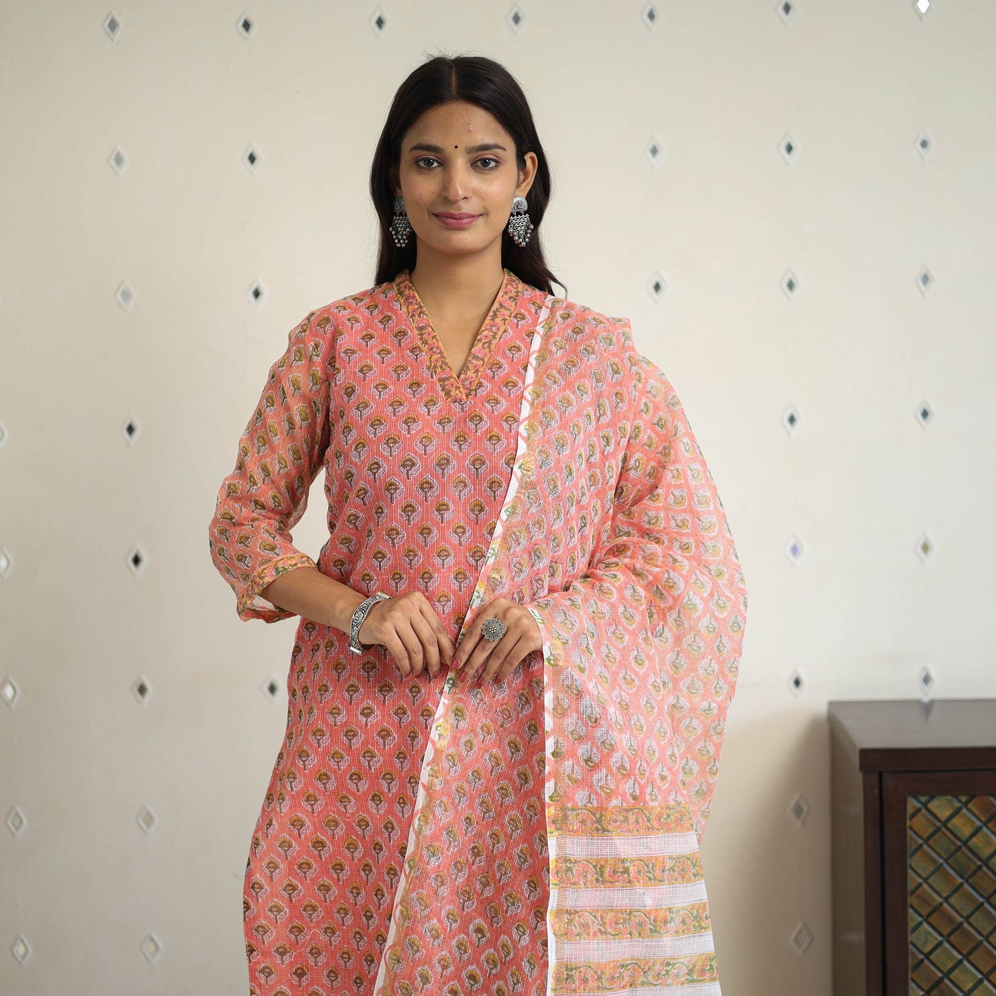 Peach Block Print Kota Doria Cotton Sanganeri Kurta Set (Set of 3) 