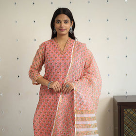 Peach Block Print Kota Doria Cotton Sanganeri Kurta Set (Set of 3) 
