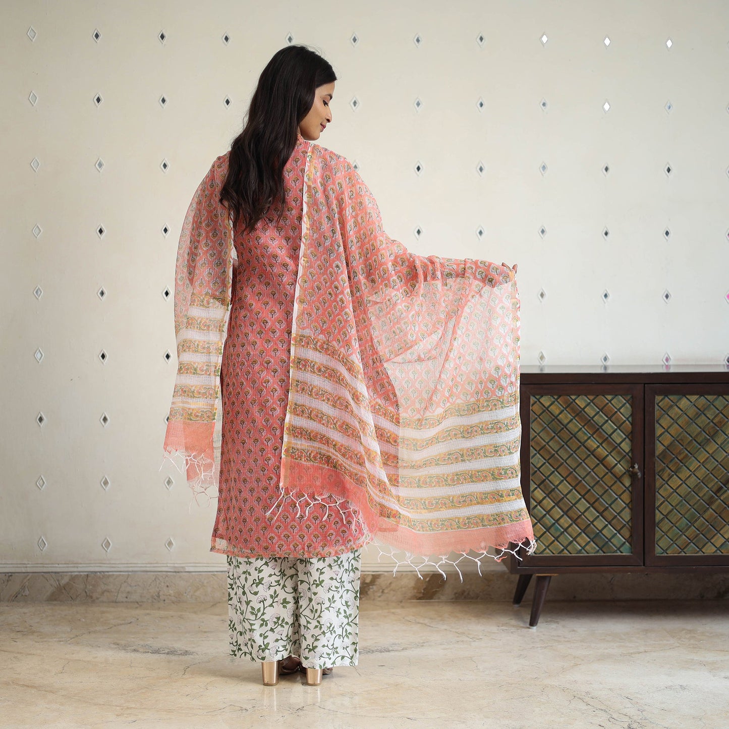 Peach Block Print Kota Doria Cotton Sanganeri Kurta Set (Set of 3) 