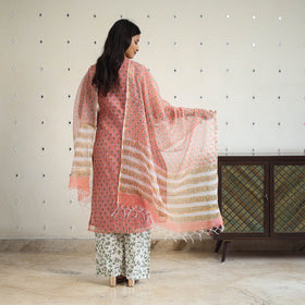 Peach Block Print Kota Doria Cotton Sanganeri Kurta Set (Set of 3) 