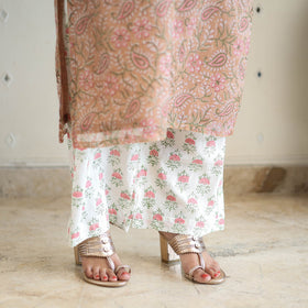 Peach Block Print Kota Doria Cotton Sanganeri Kurta Set (Set of 3) 