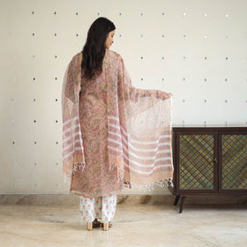 Peach Block Print Kota Doria Cotton Sanganeri Kurta Set (Set of 3) 