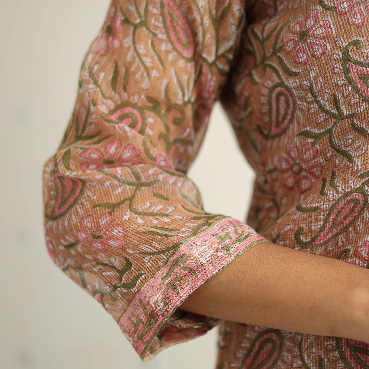 Peach Block Print Kota Doria Cotton Sanganeri Kurta Set (Set of 3) 