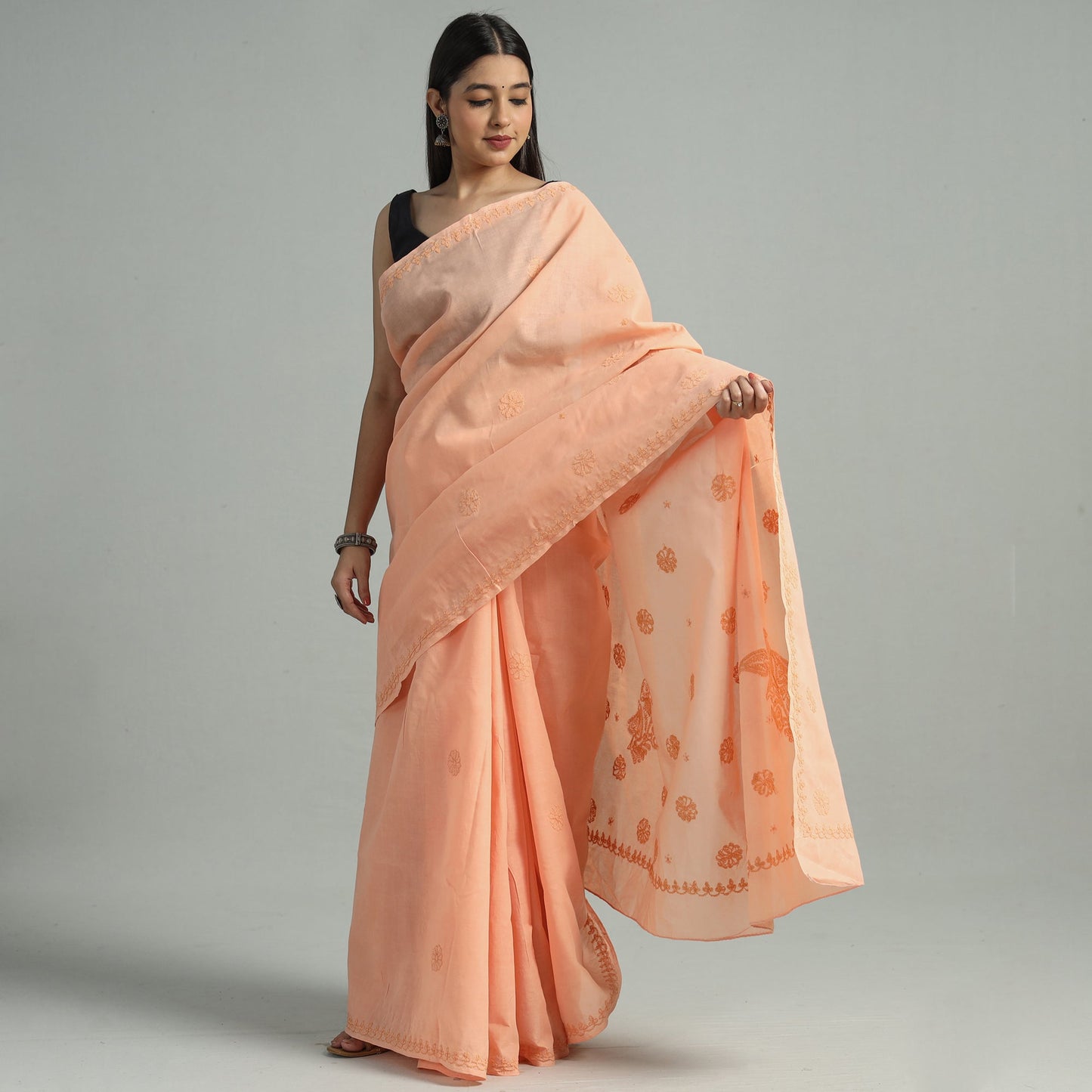 Peach - Lucknow Chikankari Hand Embroidery Terivoile Cotton Saree 07