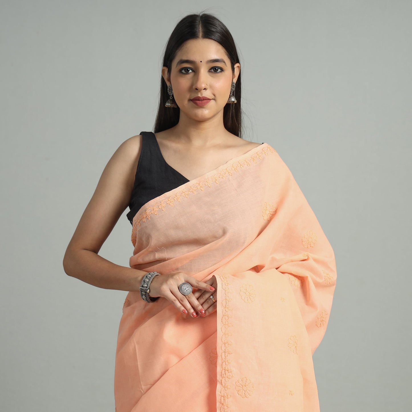 Peach - Lucknow Chikankari Hand Embroidery Terivoile Cotton Saree 07