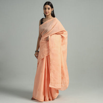Peach - Lucknow Chikankari Hand Embroidery Terivoile Cotton Saree 07