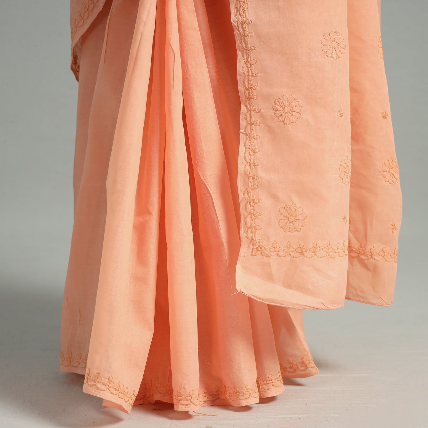 Peach - Lucknow Chikankari Hand Embroidery Terivoile Cotton Saree 07