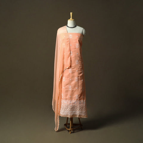 Peach - lucknowi hand embroidered cotton chikankari 3pc