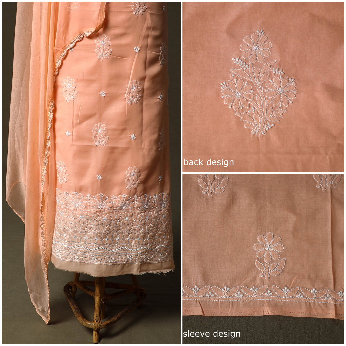 Peach - lucknowi hand embroidered cotton chikankari 3pc