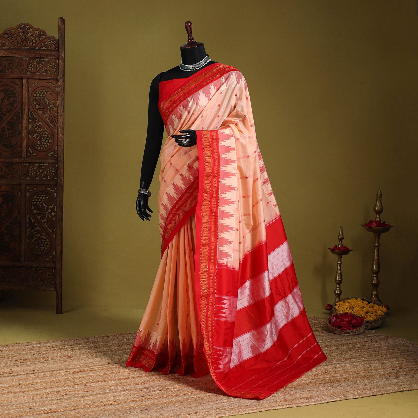 Peach - mercerized cotton thread buti ilkal saree