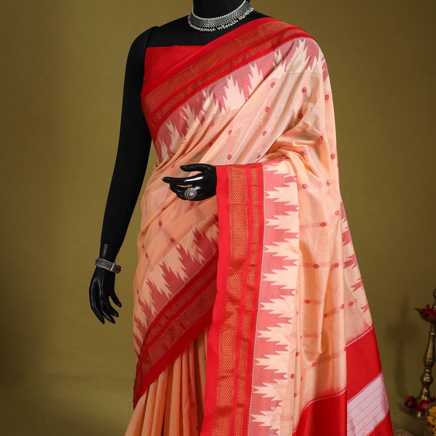 Peach - mercerized cotton thread buti ilkal saree