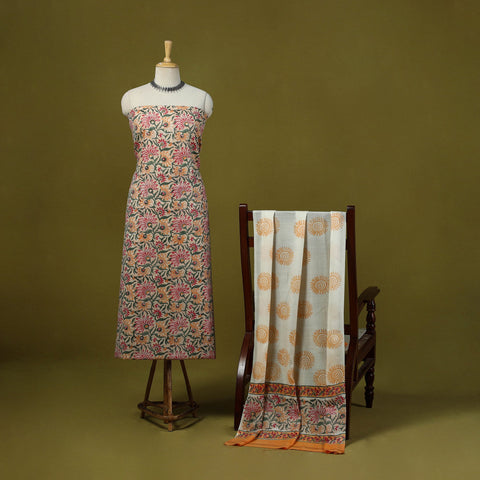 Peach - merino wool sanganeri 3pc unstitched dress material