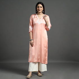 Buy Navy Blue Modal Silk Hand Embroidered Long Kurta l iTokri.com