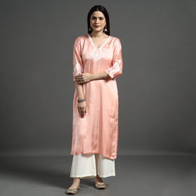 Buy Navy Blue Modal Silk Hand Embroidered Long Kurta l iTokri.com