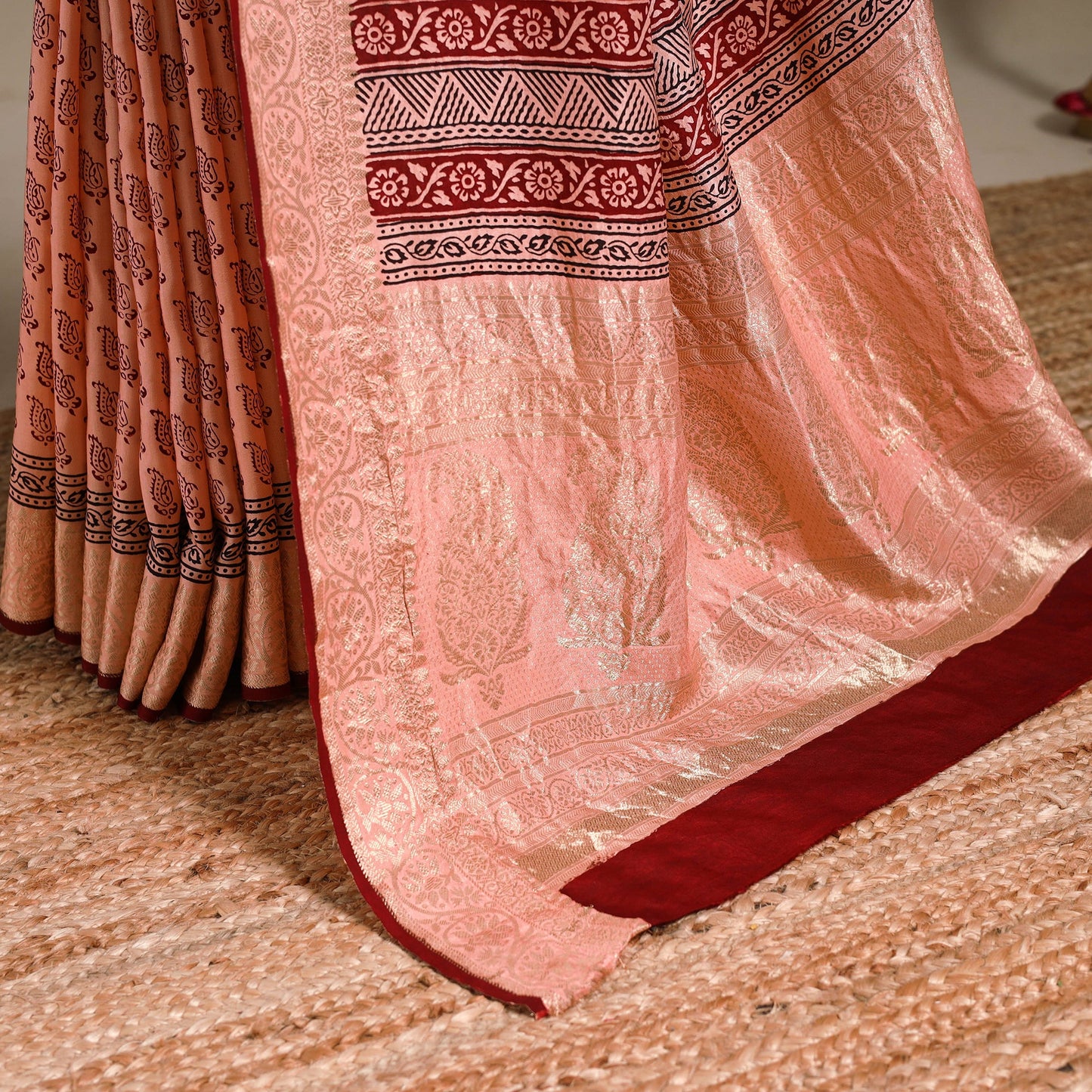 Peach - natural dyed dola silk bagh saree with zari border