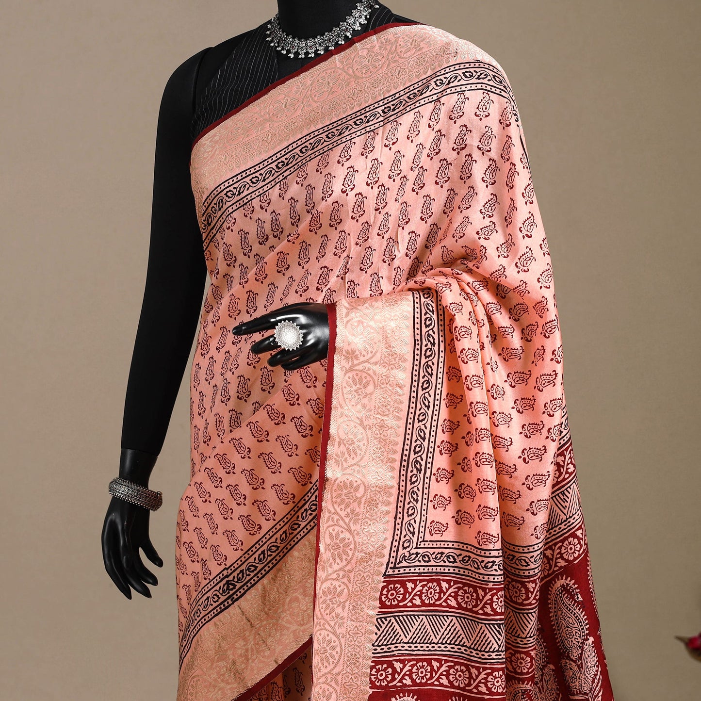 Peach - natural dyed dola silk bagh saree with zari border