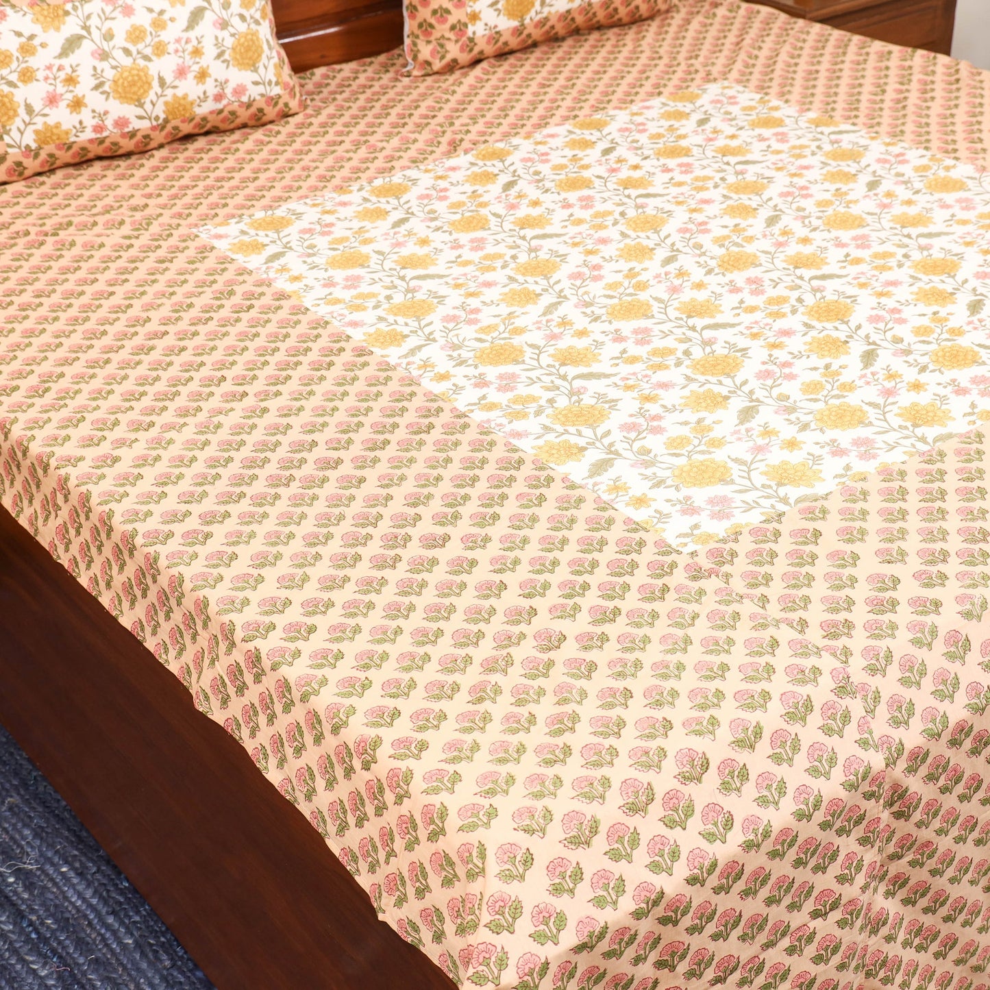 Patchwork hand double sanganeri bedsheet set (108 x 90 in)