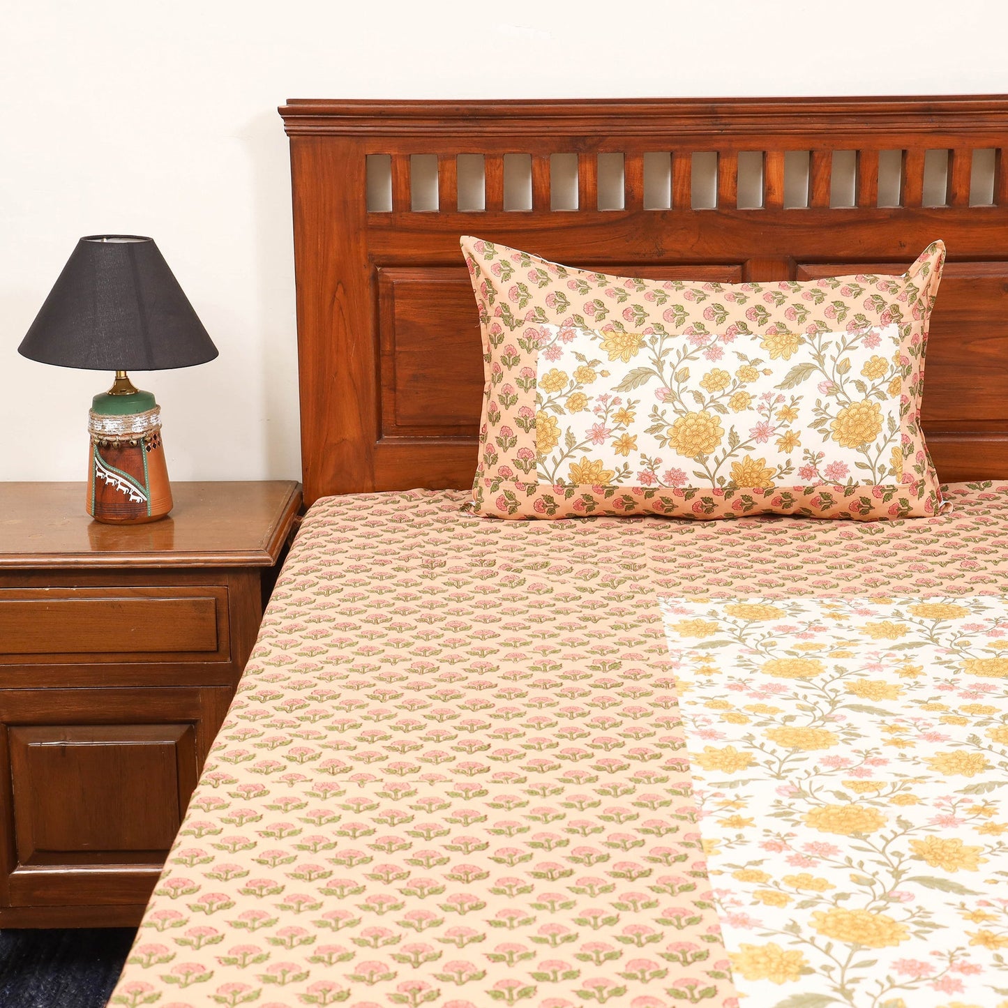 Patchwork hand double sanganeri bedsheet set (108 x 90 in)