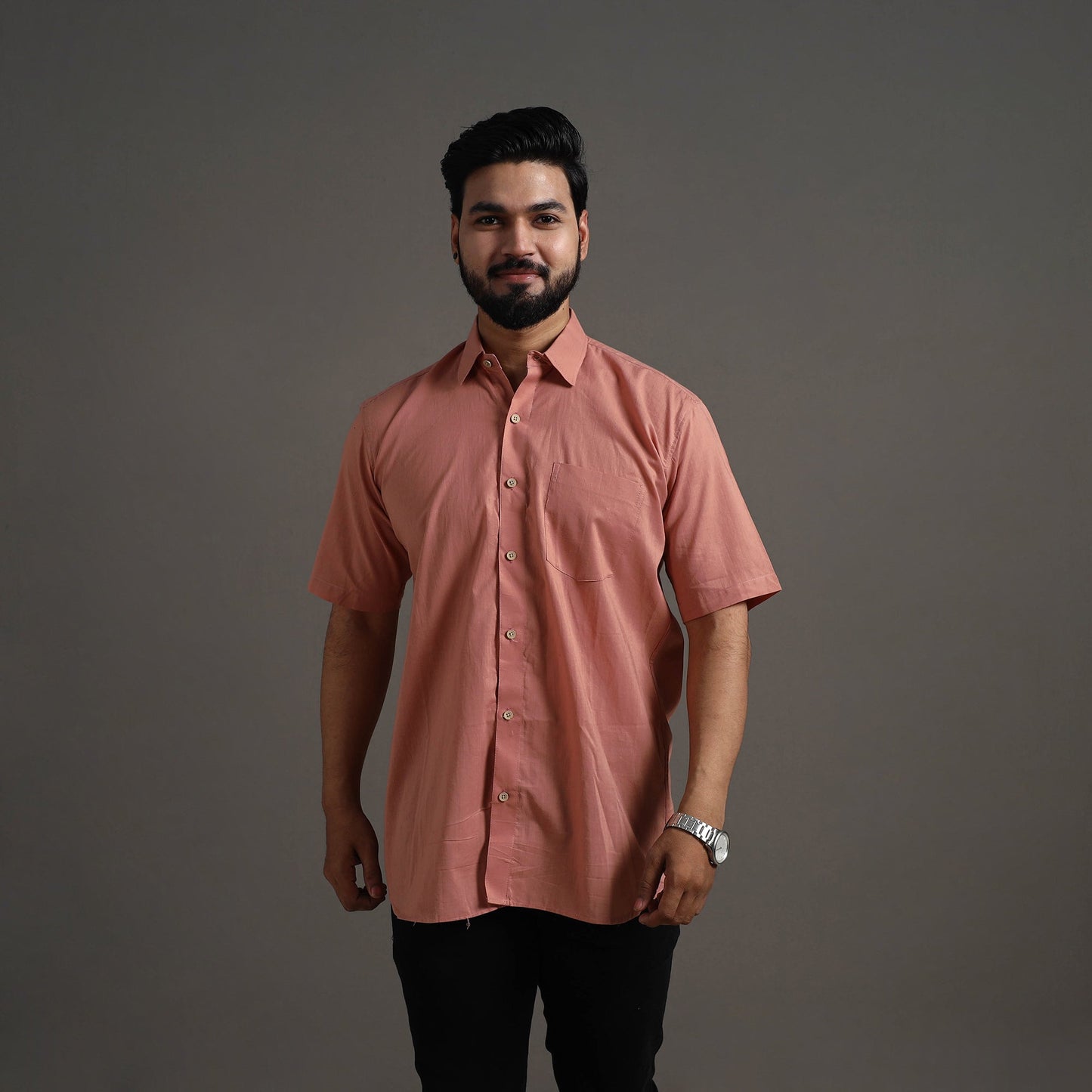 Buy Peach Plain Cotton Men Half Sleeve Shirt Online 