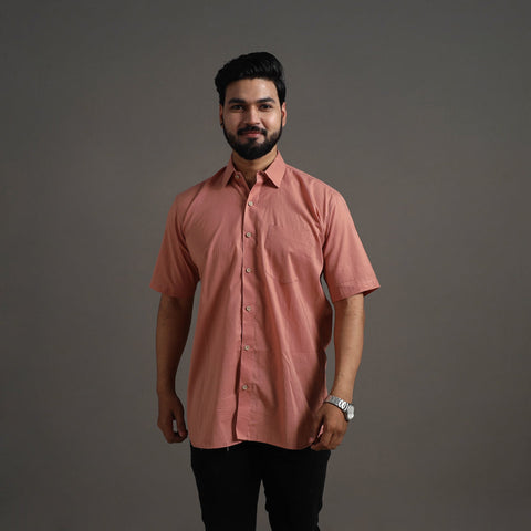 Buy Peach Plain Cotton Men Half Sleeve Shirt Online 