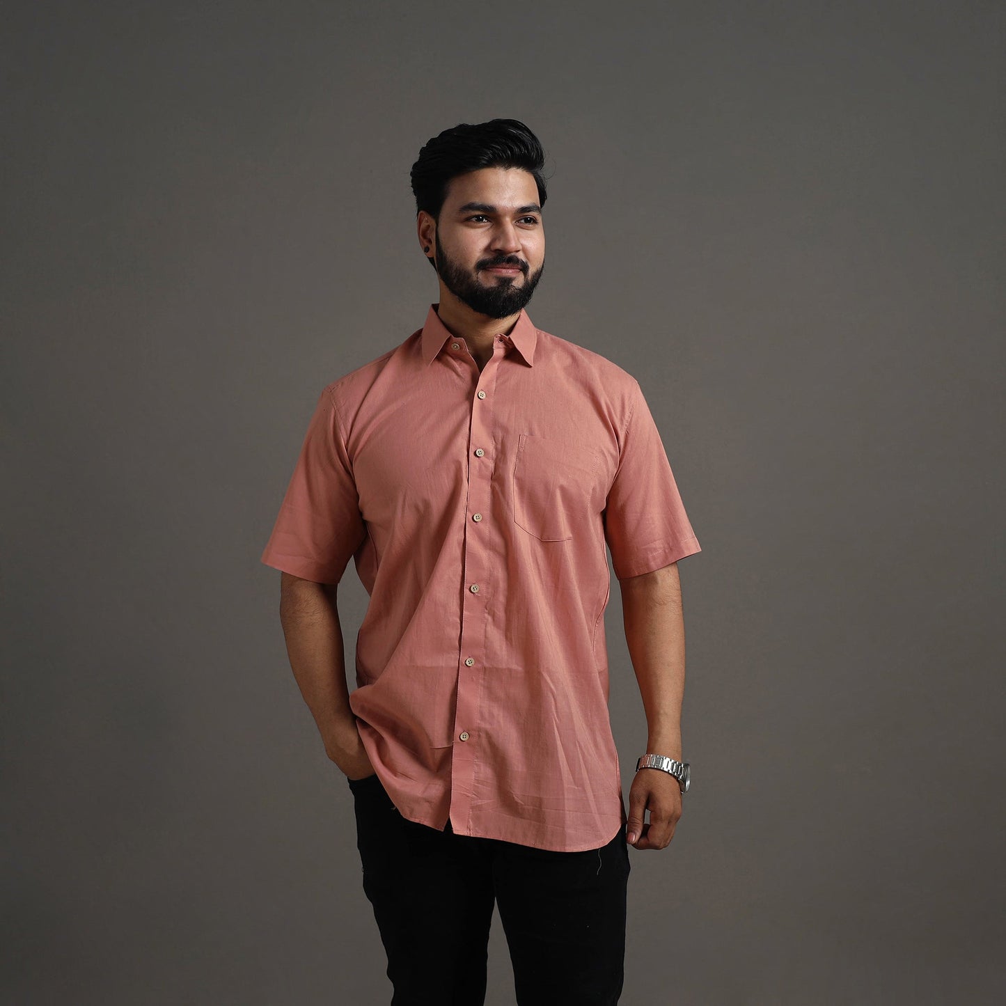 Buy Peach Plain Cotton Men Half Sleeve Shirt Online 