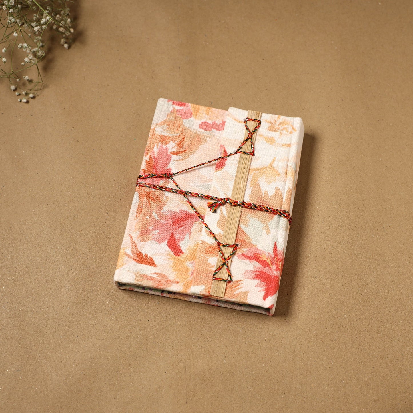 Printed fabric cover handmade paper notebook with thread