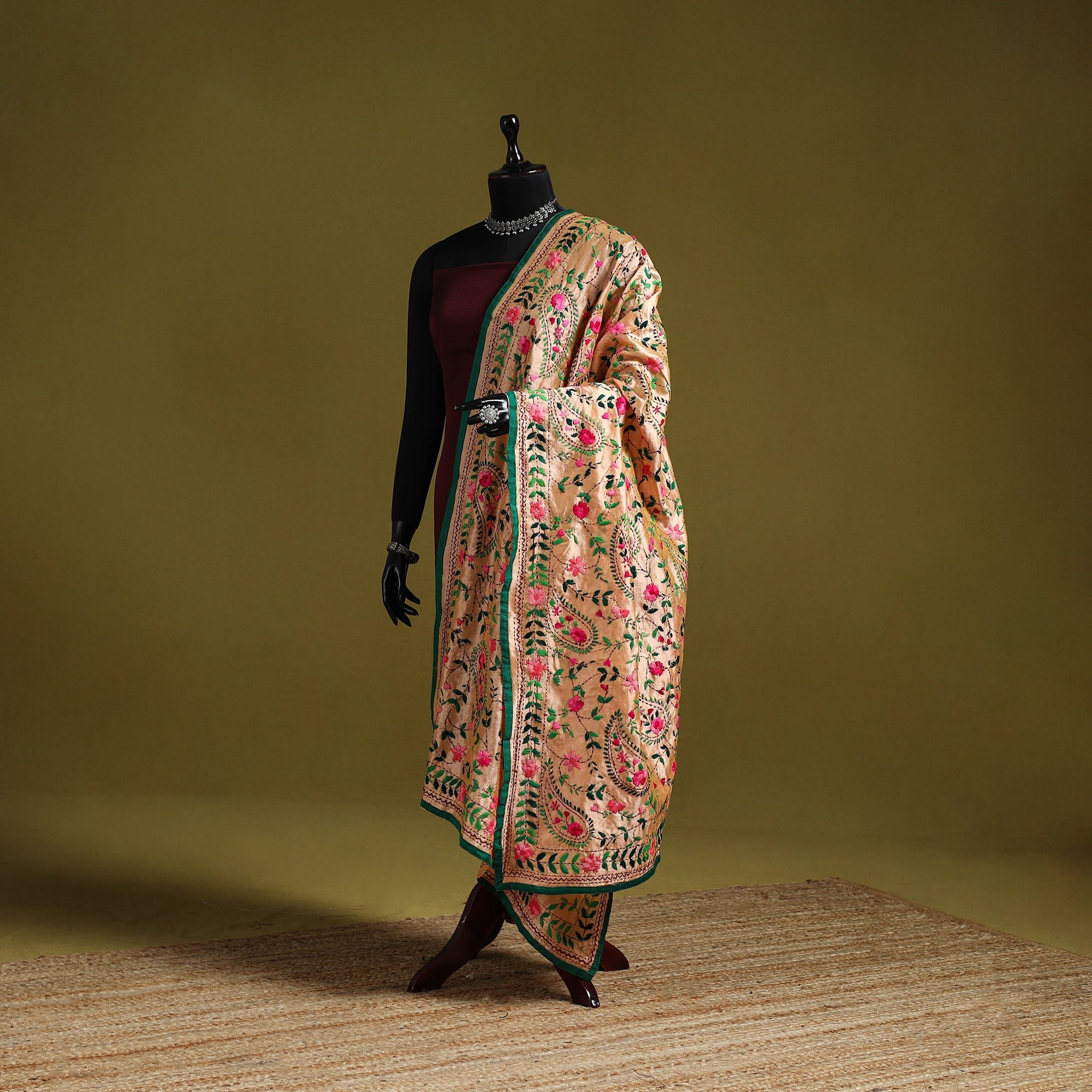 Orange - Ranihati Chapa Work Hand Embroidery Georgette 3pc Unstitched Dress Material 28