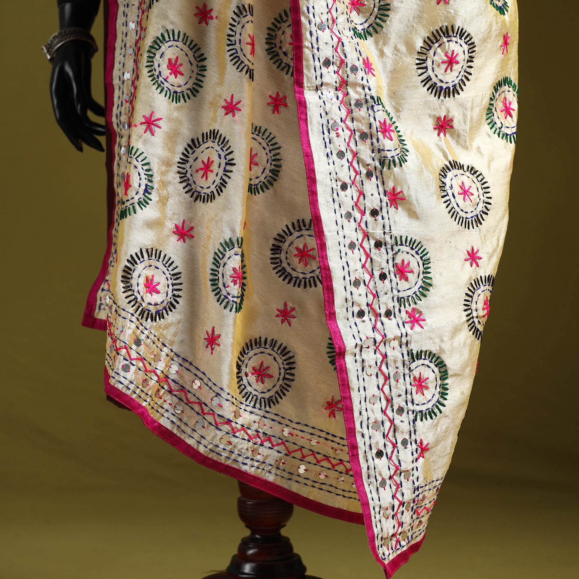 Hand Chapa Peach Ranihati Chapa Work Chanderi Silk Hand Embroidery Dupatta