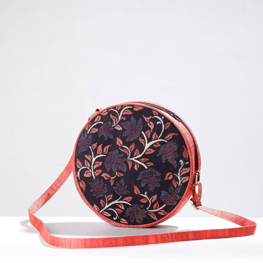 Peach Round Sling Bag - Handpainted Kalamkari Natural Dyed Ghicha Silk