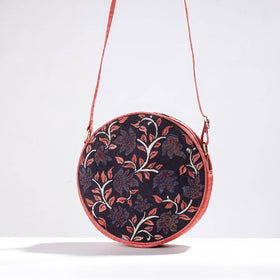 Peach Round Sling Bag - Handpainted Kalamkari Natural Dyed Ghicha Silk