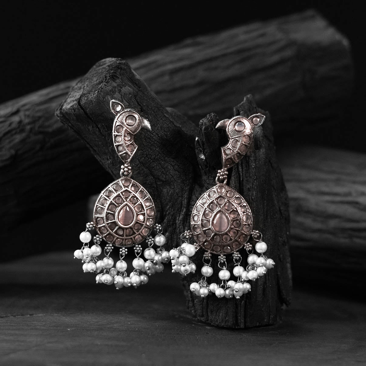 Peach - saanjh bela peacock oxidised earrings - handcrafted