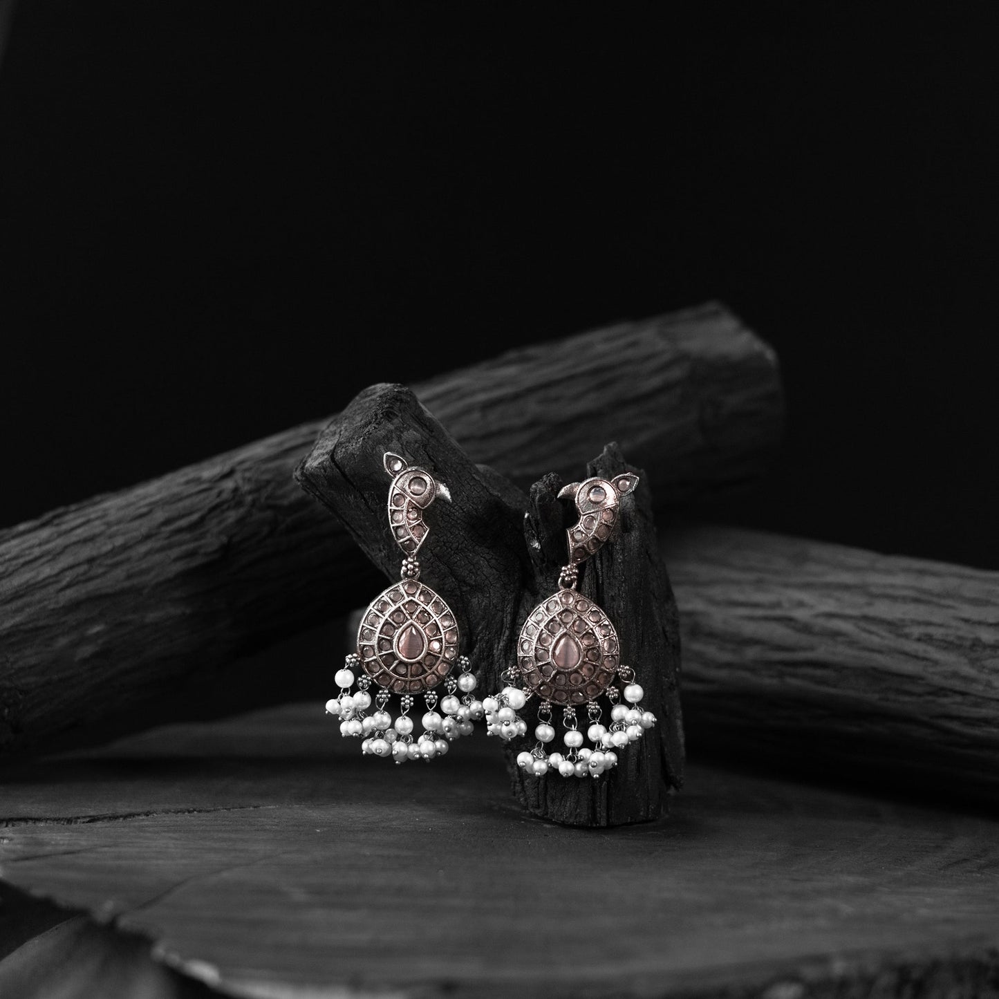 Peach - saanjh bela peacock oxidised earrings - handcrafted