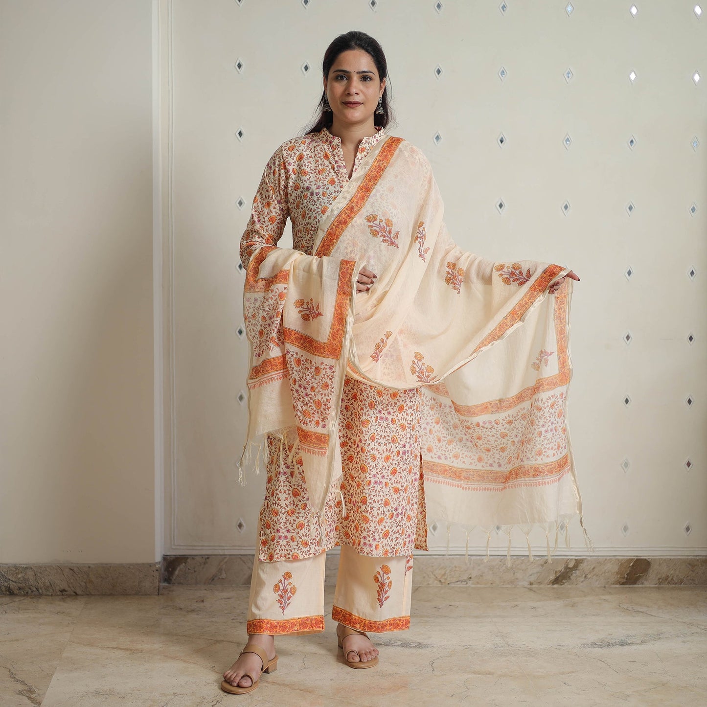 Peach - sanganeri cotton kurta suit set 01 - handcrafted