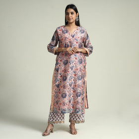 Peach - Sanganeri Block Printed Maheshwari Silk Kurta with Palazzo & Dupatta Set