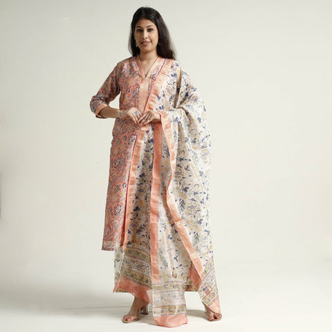  Sanganeri Block Printed Maheshwari Silk Kurta with Palazzo & Dupatta Set Online at iTokri.com