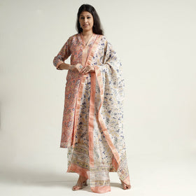  Sanganeri Block Printed Maheshwari Silk Kurta with Palazzo & Dupatta Set Online at iTokri.com