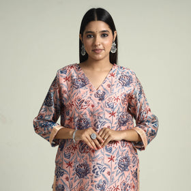 Peach - Sanganeri Block Printed Maheshwari Silk Kurta with Palazzo & Dupatta Set