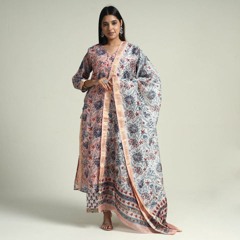 Peach - Sanganeri Block Printed Maheshwari Silk Kurta with Palazzo & Dupatta Set