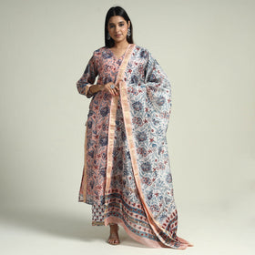 Peach - Sanganeri Block Printed Maheshwari Silk Kurta with Palazzo & Dupatta Set